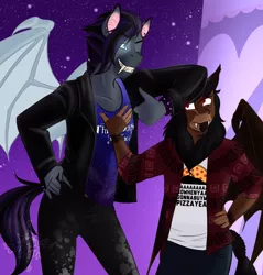 Size: 1280x1341 | Tagged: safe, artist:blackblood-queen, derpibooru import, oc, oc:octavus, oc:orpheus, unofficial characters only, anthro, bat pony, mantipony, anthro oc, bat pony oc, clothes, ear piercing, fangs, male, mantipony oc, night, pants, piercing, shirt, stallion, stars, story in the source