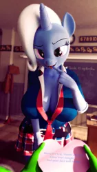 Size: 1080x1920 | Tagged: 3d, anthro, artist:telehypnotic, blender, breasts, busty trixie, cleavage, clothes, comic:be mine, derpibooru import, holiday, human, human male, male, oc, oc:anon, schoolgirl, suggestive, trixie, valentine's day