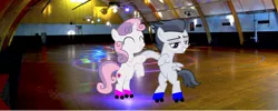 Size: 1738x693 | Tagged: safe, artist:jawsandgumballfan24, artist:sketchmcreations, artist:sollace, derpibooru import, edit, rumble, sweetie belle, pegasus, pony, unicorn, bipedal, colt, cute, duo, female, filly, irl, male, photo, ponies in real life, roller skates, rumbelle, shipping, skating rink, straight