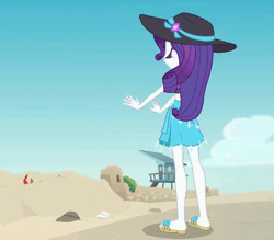 Size: 752x660 | Tagged: safe, derpibooru import, screencap, rarity, crab, aww... baby turtles, equestria girls, equestria girls series, animated, bandana, beach, clothes, cloud, crab fighting a giant rarity, cropped, feet, flip-flops, rarity fighting a giant crab, rarity fighting a regular sized crab, role reversal, sand, sandals, sky, solo, swimsuit
