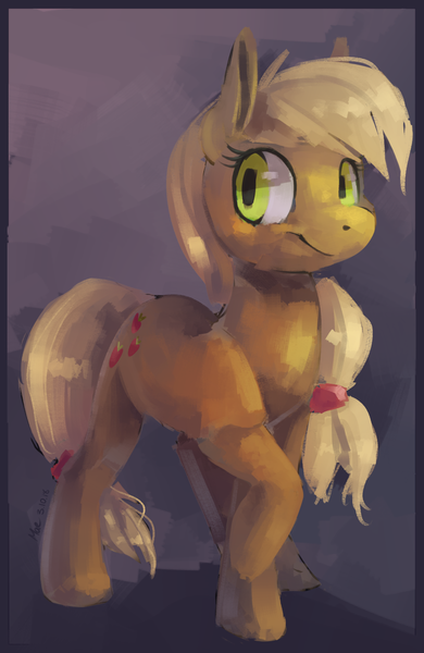 Size: 1000x1540 | Tagged: safe, artist:lacedharlot, derpibooru import, applejack, earth pony, pony, female, mare, missing accessory, raised hoof, solo