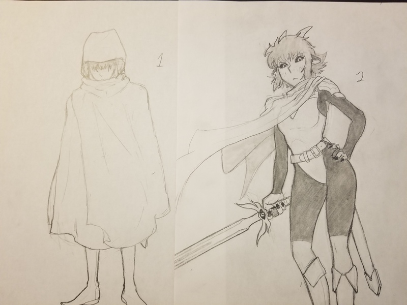 Size: 4032x3024 | Tagged: artist:dj-black-n-white, cloak, clothes, derpibooru import, dungeons and dragons, human, humanized, oc, oc:kimmy and mera, offspring, parent:chimera sisters, safe, satyr, sword, traditional art, unofficial characters only, weapon