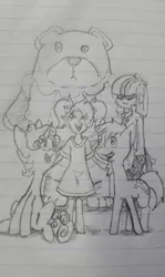 Size: 1727x2895 | Tagged: artist:vinny, derpibooru import, lined paper, oc, oc:glimmer, oc:hope, offspring, parent:lyra heartstrings, parent:twilight sparkle, safe, satyr, sketch, traditional art, unofficial characters only