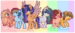 Size: 1022x450 | Tagged: safe, artist:rosyh9, derpibooru import, oc, oc:caramel, oc:cheese cupcake, oc:rainbow rain, oc:sapphire, oc:star sparkle, oc:sweet apple, unofficial characters only, alicorn, dracony, earth pony, hybrid, pegasus, pony, alicorn oc, base used, female, interspecies offspring, male, mare, next generation, offspring, parent:applejack, parent:big macintosh, parent:caramel, parent:flash sentry, parent:fluttershy, parent:pinkie pie, parent:pokey pierce, parent:rainbow dash, parent:rarity, parent:soarin', parent:spike, parent:twilight sparkle, parents:carajack, parents:flashlight, parents:fluttermac, parents:pokeypie, parents:soarindash, parents:sparity, spread wings, stallion, wings