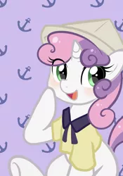 Size: 826x1181 | Tagged: safe, artist:haden-2375, derpibooru import, sweetie belle, pony, unicorn, anchor, clothes, cute, diasweetes, female, filly, hat, looking at you, paper hat, solo
