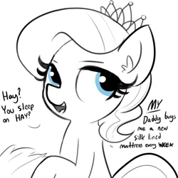 Size: 1650x1650 | Tagged: safe, artist:tjpones, derpibooru import, diamond tiara, earth pony, pony, dialogue, ear fluff, female, filly, hay, jewelry, monochrome, neo noir, open mouth, partial color, simple background, sketch, smiling, solo, tiara, white background