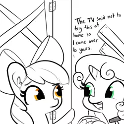 Size: 1650x1650 | Tagged: safe, artist:tjpones, derpibooru import, apple bloom, sweetie belle, earth pony, pony, unicorn, bust, cute, dialogue, diasweetes, duo, duo female, ear fluff, exact words, female, filly, hammer, monochrome, neo noir, partial color, raised hoof, rope, simple background, sketch, smiling, sweetiedumb, this will end in tears and/or death and/or covered in tree sap, this will end well, this will not end well, what could possibly go wrong, white background
