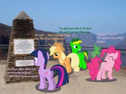 Size: 1024x766 | Tagged: applejack, artist:didgereethebrony, blue mountains, derpibooru import, dialogue, grammar error, gummy, irl, lookout, mlp in australia, oc, oc:didgeree, photo, pinkie pie, ponies in real life, safe, twilight sparkle