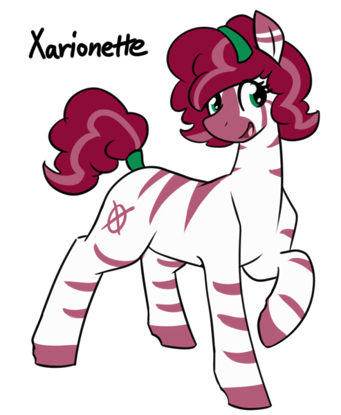 Size: 621x756 | Tagged: artist:whatsapokemon, curly hair, derpibooru import, female, hairband, headband, oc, oc:xarionette, quadrupedal, raised hoof, safe, simple background, smiling, solo, tail wrap, unofficial characters only, white background, zebra, zebra oc