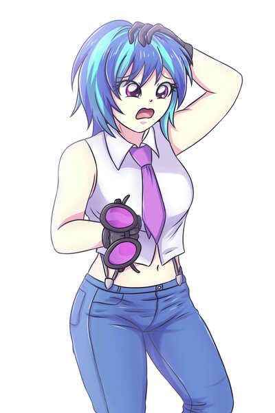 Size: 2362x3543 | Tagged: safe, artist:sumin6301, derpibooru import, vinyl scratch, equestria girls, belly button, clothes, cosplay, costume, crossover, female, gloves, king of fighters, midriff, necktie, shirt, simple background, solo, sunglasses, vanessa, white background