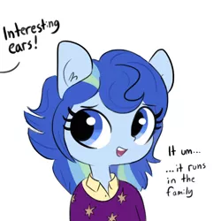 Size: 1650x1650 | Tagged: safe, artist:tjpones, derpibooru import, oc, oc:sparkling sapphire, unofficial characters only, equestria girls, bust, clothes, dialogue, ear fluff, female, magical lesbian spawn, next generation, offscreen character, offspring, older, open mouth, parent:sci-twi, parent:sunset shimmer, parents:scitwishimmer, pony ears, shirt, simple background, smiling, solo, white background