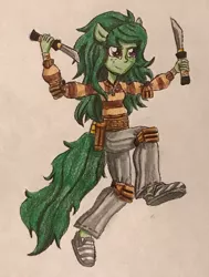 Size: 2300x3037 | Tagged: safe, artist:bozzerkazooers, derpibooru import, wallflower blush, equestria girls, equestria girls series, knife, ponied up, traditional art, weapon