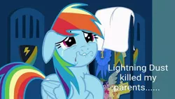 Size: 720x405 | Tagged: abuse, dashabuse, derpibooru import, downvote bait, image macro, implied lightning dust, implied murder, meme, orphan, parental glideance, rainbow dash, sad, semi-grimdark, terrible, why