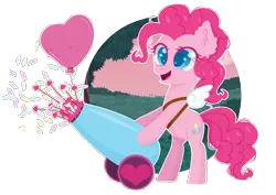 Size: 3500x2480 | Tagged: safe, artist:0okami-0ni, derpibooru import, pinkie pie, earth pony, pony, balloon, confetti, cupid, digital art, female, heart, heart balloon, hearts and hooves day, holiday, mare, party cannon, simple background, solo, transparent background, valentine's day, wings