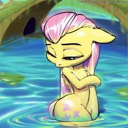 Size: 3000x3000 | Tagged: suggestive, artist:itsalwayspony, derpibooru import, fluttershy, pony, bathing, beautiful, bipedal, bridge, child bearing hips, female, lilypad, mare, one eye closed, outdoor bathing, outdoors, public bathing, solo, solo female, water, wet mane, wide hips