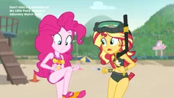 Size: 1920x1080 | Tagged: safe, derpibooru import, screencap, pinkie pie, sunset shimmer, equestria girls, equestria girls series, unsolved selfie mysteries, belly button, bikini, clothes, diving goggles, duo, duo female, female, midriff, snorkel, swimsuit