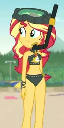 Size: 520x1030 | Tagged: safe, artist:supra80, derpibooru import, edit, edited screencap, screencap, sunset shimmer, equestria girls, equestria girls series, unsolved selfie mysteries, beach, belly button, bikini, clothes, cropped, diving goggles, goggles, midriff, snorkel, solo, swimsuit
