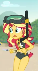 Size: 581x1079 | Tagged: safe, derpibooru import, screencap, sunset shimmer, equestria girls, equestria girls series, unsolved selfie mysteries, adorasexy, belly button, bikini, clothes, cropped, curvy, cute, diving goggles, female, midriff, sexy, shimmerbetes, snorkel, solo, swimsuit