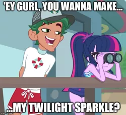 Size: 545x499 | Tagged: suggestive, derpibooru import, sci-twi, timber spruce, twilight sparkle, equestria girls, equestria girls series, unsolved selfie mysteries, bad pickup line, binoculars, clothes, female, flirt, flirting, flirty, image macro, imgflip, innuendo, male, meme, pickup lines, ponytail, pun, shipping, straight, swimsuit, timbertwi, updated image