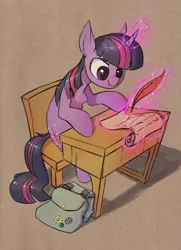 Size: 1675x2314 | Tagged: safe, artist:vistamage, derpibooru import, twilight sparkle, pony, unicorn, brown background, chair, curved horn, desk, female, glowing horn, magic, mare, purple smart, quill, simple background, sitting, smiling, solo, telekinesis, unicorn twilight, writing