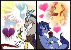 Size: 2498x1756 | Tagged: safe, artist:melspyrose, derpibooru import, discord, princess celestia, sunset shimmer, oc, oc:midnight shade, canon x oc, crying, dislestia, female, flower, heartbreak, male, rose, sad, shipping, song reference, straight