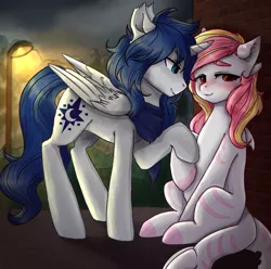 Size: 3000x2975 | Tagged: safe, artist:dntude, derpibooru import, oc, oc:prince nova, oc:rainy skies, unofficial characters only, alicorn, original species, pony, shark pony, alicorn oc, blushing, clothes, cute, ear fluff, female, holding hooves, looking away, male, mare, novaskies, oc x oc, scarf, shipping, stallion, straight