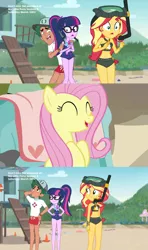 Size: 1280x2157 | Tagged: safe, derpibooru import, screencap, fluttershy, sci-twi, sunset shimmer, timber spruce, twilight sparkle, equestria girls, equestria girls series, unsolved selfie mysteries, belly button, bikini, clothes, cute, diving goggles, female, geode of empathy, geode of telekinesis, lifeguard timber, magical geodes, male, midriff, scared, shyabetes, snorkel, swimsuit, unamused