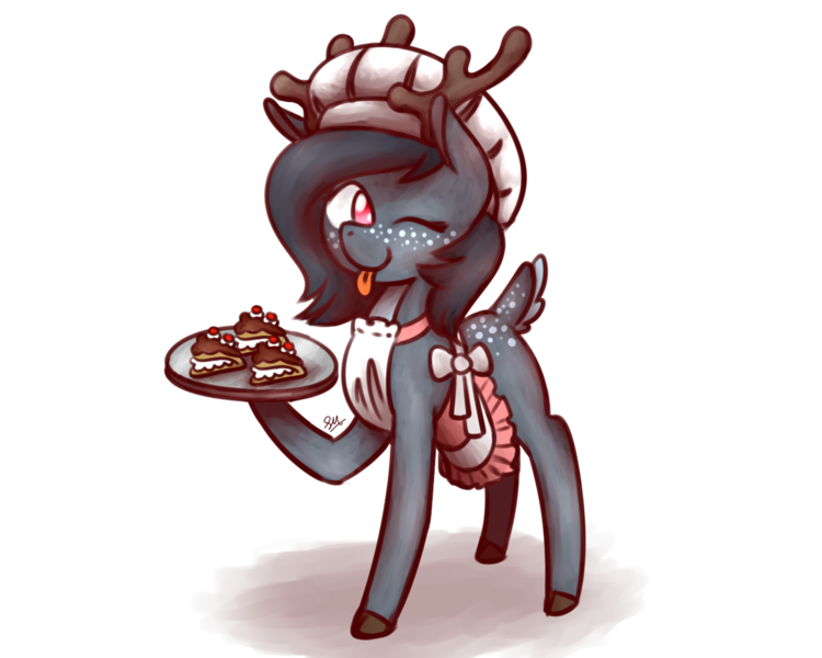 Size: 1280x1024 | Tagged: safe, artist:sugar morning, derpibooru import, oc, oc:gene, unofficial characters only, deer, reindeer, apron, baking, clothes, commission, cute, delicious, female, food, mare, one eye closed, simple background, snack, solo, standing, sweet, tongue out, transparent background, wink