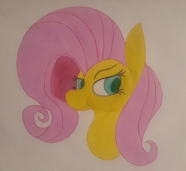 Size: 2091x1922 | Tagged: artist:rafuki, derpibooru import, fluttershy, safe, shading, smug, solo, traditional art