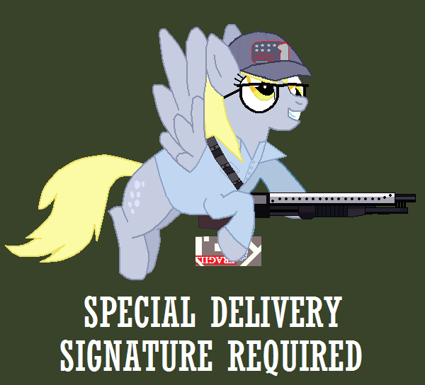 Size: 600x544 | Tagged: artist:saffronpanther, carl schliff, dead rising, dead rising 2, derpibooru import, derpy hooves, flying, glasses, green background, gun, hat, safe, shotgun, simple background, weapon