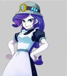 Size: 569x645 | Tagged: safe, artist:murai shinobu, derpibooru import, rarity, equestria girls, equestria girls series, opening night, apron, clothes, female, gray background, helmet, looking at you, mining helmet, selfie soot, simple background, smiling, solo