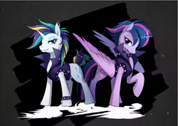 Size: 818x578 | Tagged: safe, artist:murai shinobu, derpibooru import, rarity, twilight sparkle, twilight sparkle (alicorn), alicorn, pony, unicorn, alternate hairstyle, clothes, duo, female, jacket, leather jacket, looking at you, mare, punk, punklight sparkle, raised hoof, raripunk