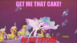 Size: 625x351 | Tagged: safe, derpibooru import, edit, edited screencap, screencap, princess celestia, alicorn, earth pony, pony, unicorn, the cutie re-mark, alternate timeline, cake, cakelestia, crystal war timeline, ethereal mane, female, food, funny, male, mare, meme, pointing, raised hoof, royal guard, spear, stallion, war, weapon