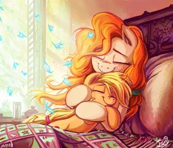 Size: 1199x1027 | Tagged: safe, artist:jowybean, derpibooru import, applejack, pear butter, earth pony, pony, bed, bright, color porn, cute, daaaaaaaaaaaw, duo, eyes closed, feels, female, filly, filly applejack, flower petals, freckles, happy, heartwarming, hnnng, hug, jackabetes, jowybean is trying to murder us, mare, morning ponies, mother and daughter, pearabetes, petals, pillow, precious, smiling, sweet dreams fuel, weapons-grade cute, wholesome, younger