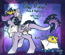 Size: 3000x2560 | Tagged: suggestive, artist:iroxykun, derpibooru import, oc, oc:pillow prince, unofficial characters only, pegasus, pony, chest fluff, collar, crown, cutie mark, freckles, jewelry, male, reference sheet, regalia, solo, text, wings