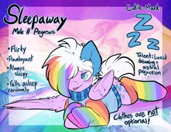 Size: 2561x1980 | Tagged: safe, artist:iroxykun, derpibooru import, oc, oc:sleepaway, unofficial characters only, pegasus, pony, bedroom eyes, clothes, cutie mark, male, rainbow hair, rainbow socks, reference sheet, socks, solo, striped socks, sweater, text, tongue out, wings