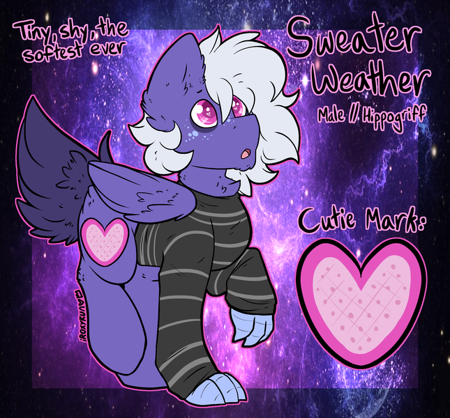 Size: 2487x2314 | Tagged: safe, artist:iroxykun, derpibooru import, oc, oc:sweater weather, unofficial characters only, hippogriff, cutie mark, freckles, heart eyes, male, reference sheet, solo, text, wingding eyes, wings