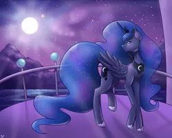 Size: 5906x4724 | Tagged: safe, artist:pitchyy, derpibooru import, princess luna, pony, fanfic, absurd resolution, balcony, fanfic art, female, full moon, looking back, moon, night, scenery, solo, stars