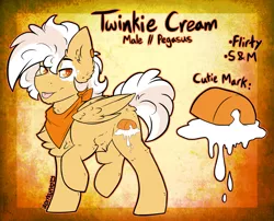 Size: 2963x2396 | Tagged: safe, artist:iroxykun, derpibooru import, oc, oc:twinkie cream, unofficial characters only, pegasus, pony, bandana, cutie mark, male, reference sheet, solo, text, wings