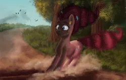 Size: 1600x1019 | Tagged: safe, artist:sa1ntmax, derpibooru import, pinkie pie, earth pony, pony, aftermath, confetti, everything went better than expected, frazzled, scorched, skid mark, skidding, solo, surprised, this did not end well
