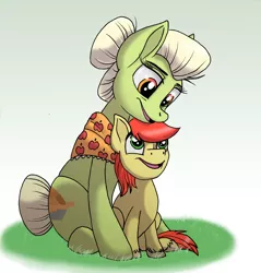 Size: 4784x5004 | Tagged: safe, artist:celestial-rainstorm, derpibooru import, bright mac, granny smith, earth pony, pony, absurd resolution, colt, female, male, mare, mother and son, sitting, young granny smith, younger