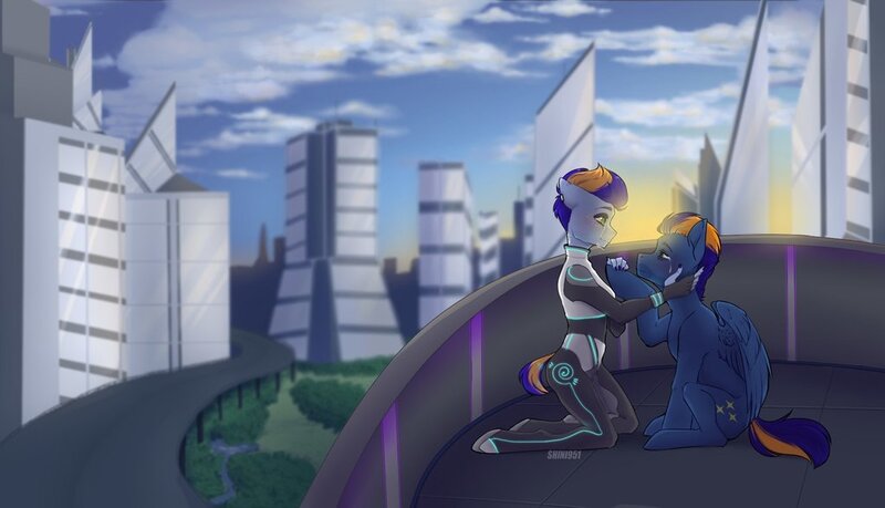 Size: 1024x588 | Tagged: safe, artist:shini951, derpibooru import, oc, unofficial characters only, anthro, human, pegasus, pony, unguligrade anthro, anthro with ponies, cloud, commission, crying, cyberpunk, dawn, father and daughter, female, future, futuristic, implied human on pony action, implied interspecies, male, road, skyscraper, stallion, tears of joy