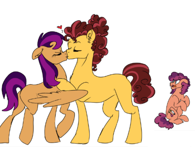 Size: 658x508 | Tagged: safe, artist:ficklepickle9421, derpibooru import, oc, oc:chocolate cheesecake, oc:rouge quartz, oc:thunderclap, unofficial characters only, earth pony, pegasus, pony, kindverse, eyes closed, hair bun, kissing, offspring, offspring shipping, offspring's offspring, parent:cheese sandwich, parent:oc:chocolate cheesecake, parent:oc:thunderclap, parent:pinkie pie, parent:rumble, parent:scootaloo, parents:cheesepie, parents:rumbloo