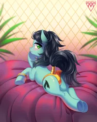 Size: 960x1200 | Tagged: suggestive, artist:margony, derpibooru import, oc, unofficial characters only, earth pony, pony, clothes, commission, female, gold underwear, looking back, mare, panties, plot, prone, solo, solo female, underwear
