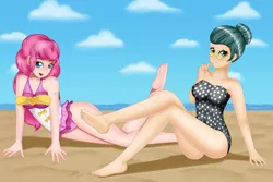 Size: 2700x1800 | Tagged: artist:focusb, beach, cloud, cloudy, cloudy quartz, cute, derpibooru import, diapinkes, duo, duo female, feet, female, human, humanized, looking at you, mother and daughter, pie family, pinkie pie, safe