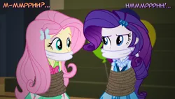 Size: 1286x728 | Tagged: safe, artist:snakeythingy, derpibooru import, fluttershy, rarity, equestria girls, friendship games, bondage, bound and gagged, cloth gag, damsel in distress, dialogue, gag, looking at each other, manip, peril, photomanipulation, rope, rope bondage, story included, tied up