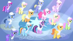 Size: 1280x720 | Tagged: safe, derpibooru import, screencap, applejack, blueberry punch, blues, fluttershy, merry may, noteworthy, parasol, peppermint crunch, pinkie pie, rainbow dash, rainbowshine, starsong, sugar apple, thorn (character), twilight sparkle, unnamed pony, warm front, earth pony, pegasus, pony, unicorn, sonic rainboom (episode), background pony, crowd, female, hard hat, implied rarity, male, mare, race swap, stallion, unicorn twilight, weather factory uniform