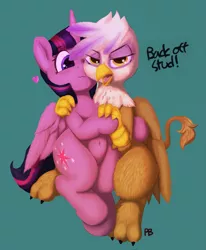 Size: 1493x1813 | Tagged: safe, artist:pabbley, artist:transgressors-reworks, derpibooru import, edit, gilda, twilight sparkle, twilight sparkle (alicorn), alicorn, gryphon, pony, belly button, colored, crack shipping, cute, dialogue, female, gildadorable, image, lesbian, looking at you, png, shipping, simple background, twiabetes, twilda, waifu thief