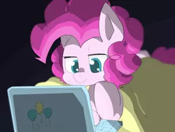 Size: 1280x960 | Tagged: safe, artist:temmie720, derpibooru import, pinkie pie, earth pony, pony, black background, blanket, computer, cute, diapinkes, laptop computer, lidded eyes, prone, simple background, solo