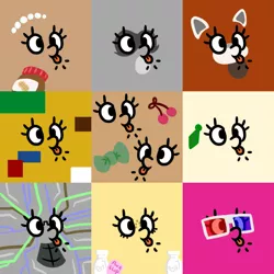Size: 600x600 | Tagged: safe, artist:jargon scott, derpibooru import, oc, oc:bandy cyoot, oc:blocky bits, oc:brownie bun, oc:cherry sweetheart, oc:fizzy pop, oc:milky way, oc:pandy cyoot, oc:penny inkwell, oc:robopone, oc:stella cherry, unofficial characters only, red panda pony, 3d glasses, :p, ear piercing, earring, face, food, jewelry, nonet, peanut butter, piercing, tongue out